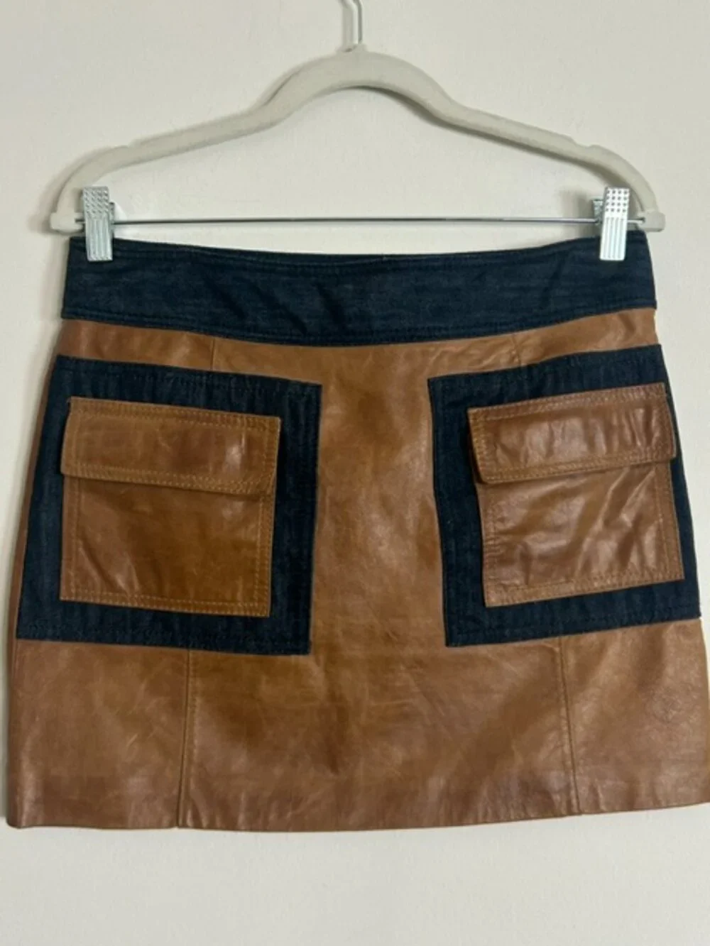 Michael Kors Genuine Leather and Denim Lined Pocket Side Zip Cargo Mini Skirt